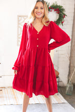 Load image into Gallery viewer, Festive Crepe V Neck Button Ruffle Tiered Lined Dress
