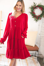 Load image into Gallery viewer, Festive Crepe V Neck Button Ruffle Tiered Lined Dress
