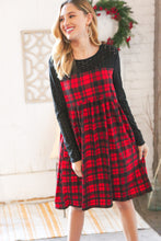 Load image into Gallery viewer, Holiday Plaid Checker &amp; Black Eyelet Twofer Midi Dress
