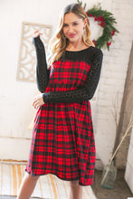 Load image into Gallery viewer, Holiday Plaid Checker &amp; Black Eyelet Twofer Midi Dress
