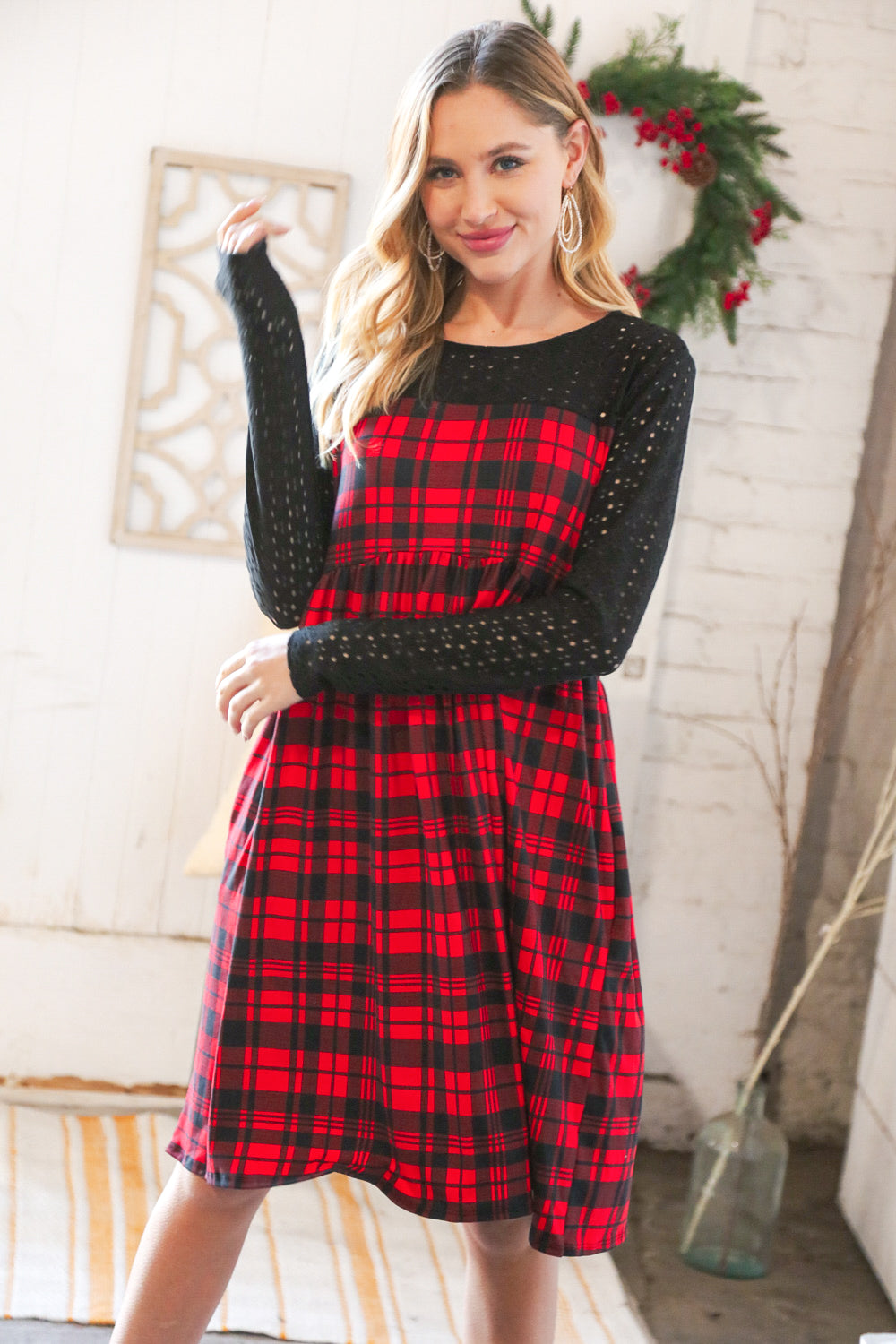 Holiday Plaid Checker & Black Eyelet Twofer Midi Dress