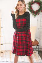 Load image into Gallery viewer, Holiday Plaid Checker &amp; Black Eyelet Twofer Midi Dress
