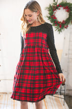 Load image into Gallery viewer, Holiday Plaid Checker &amp; Black Eyelet Twofer Midi Dress
