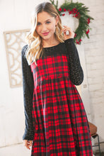 Load image into Gallery viewer, Holiday Plaid Checker &amp; Black Eyelet Twofer Midi Dress
