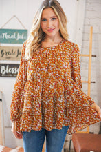 Load image into Gallery viewer, Cinnamon Floral Tiered Bubble Sleeve Keyhole Clasp Blouse
