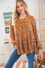 Load image into Gallery viewer, Cinnamon Floral Tiered Bubble Sleeve Keyhole Clasp Blouse
