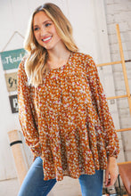 Load image into Gallery viewer, Cinnamon Floral Tiered Bubble Sleeve Keyhole Clasp Blouse
