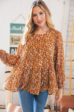 Load image into Gallery viewer, Cinnamon Floral Tiered Bubble Sleeve Keyhole Clasp Blouse
