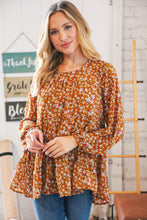 Load image into Gallery viewer, Cinnamon Floral Tiered Bubble Sleeve Keyhole Clasp Blouse
