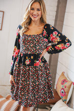 Load image into Gallery viewer, Black Floral Color Block Tiered Back Keyhole Dress
