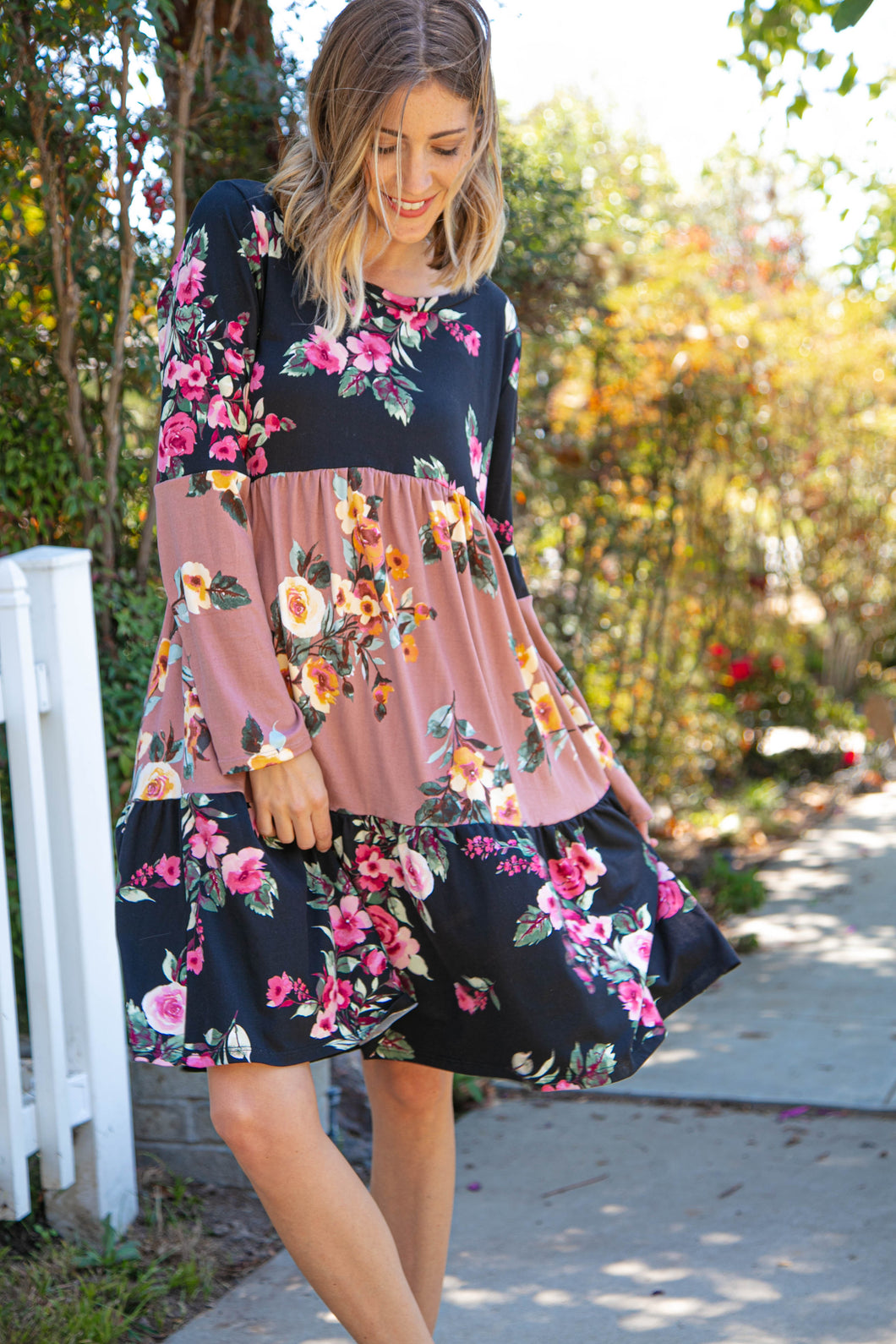 Floral Print Tiered Color Block Dress