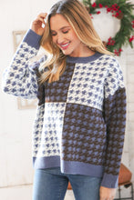 Load image into Gallery viewer, Blue &amp; White Holiday Pattern Ribbed Knit Sweater
