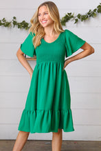 Load image into Gallery viewer, Shamrock Green Smock Fit &amp; Flare Flutter Sleeve Dress
