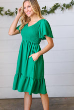 Load image into Gallery viewer, Shamrock Green Smock Fit &amp; Flare Flutter Sleeve Dress
