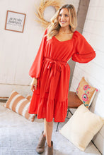 Load image into Gallery viewer, Burnt Orange V Neck Tie Waist Lined Midi Woven Dress
