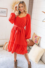 Load image into Gallery viewer, Burnt Orange V Neck Tie Waist Lined Midi Woven Dress
