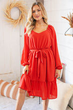 Load image into Gallery viewer, Burnt Orange V Neck Tie Waist Lined Midi Woven Dress
