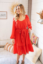 Load image into Gallery viewer, Burnt Orange V Neck Tie Waist Lined Midi Woven Dress
