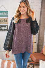 Load image into Gallery viewer, Eggplant Leopard &amp; Lace Bubble Sleeve Woven Top
