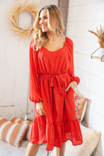 Load image into Gallery viewer, Burnt Orange V Neck Tie Waist Lined Midi Woven Dress
