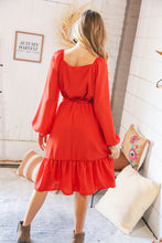 Load image into Gallery viewer, Burnt Orange V Neck Tie Waist Lined Midi Woven Dress
