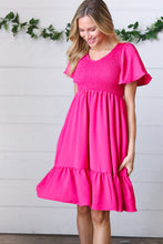 Load image into Gallery viewer, Fuchsia Smock Fit &amp; Flare Flutter Sleeve Dress
