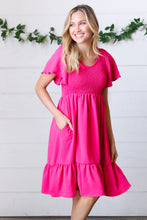 Load image into Gallery viewer, Fuchsia Smock Fit &amp; Flare Flutter Sleeve Dress
