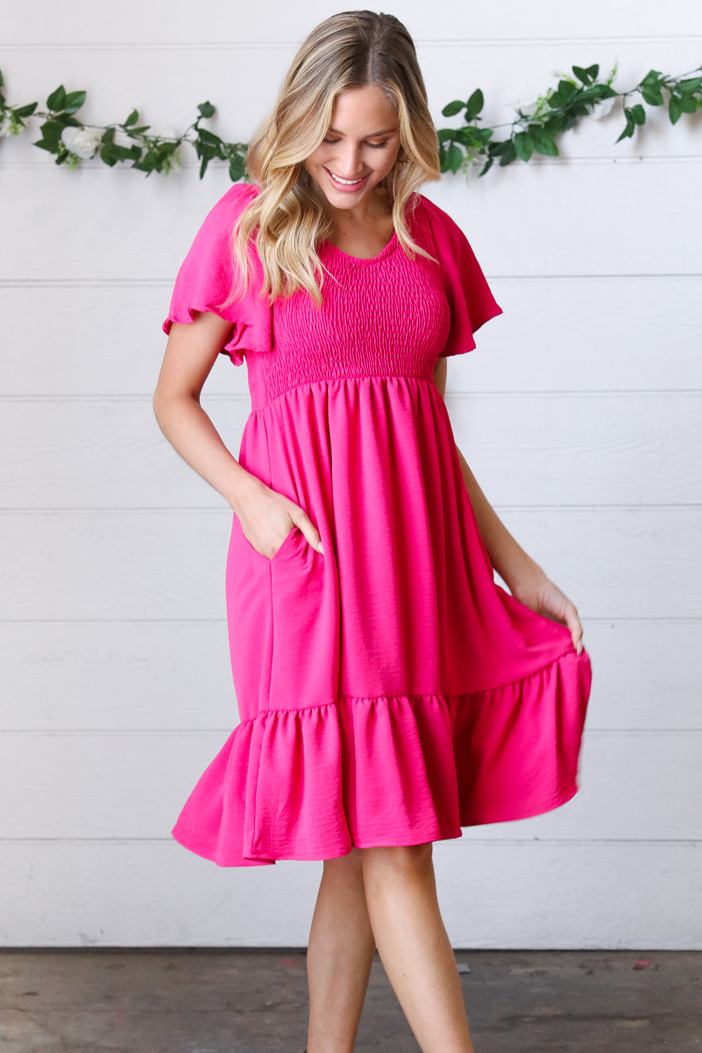 Fuchsia Smock Fit & Flare Flutter Sleeve Dress