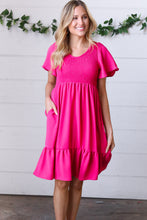 Load image into Gallery viewer, Fuchsia Smock Fit &amp; Flare Flutter Sleeve Dress
