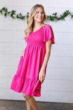 Load image into Gallery viewer, Fuchsia Smock Fit &amp; Flare Flutter Sleeve Dress
