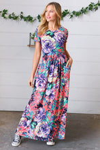 Load image into Gallery viewer, Peach &amp; Black Vibrant Floral Print Pocketed Maxi Dress
