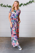 Load image into Gallery viewer, Peach &amp; Black Vibrant Floral Print Pocketed Maxi Dress
