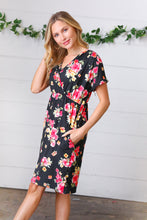 Load image into Gallery viewer, Black &amp; Pink Floral Surplice V Neck Pocketed Dress
