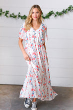 Load image into Gallery viewer, Red/Blue Floral Swiss Dot Chiffon Foil Maxi Dress
