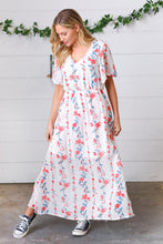 Load image into Gallery viewer, Red/Blue Floral Swiss Dot Chiffon Foil Maxi Dress
