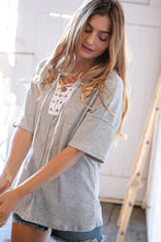 Load image into Gallery viewer, Light Grey Cotton Eyelet Twill Tape Lace-Up Rib Top
