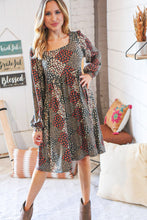 Load image into Gallery viewer, Brown Floral Patchwork High Waist Puff Sleeve Dress
