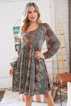 Load image into Gallery viewer, Brown Floral Patchwork High Waist Puff Sleeve Dress
