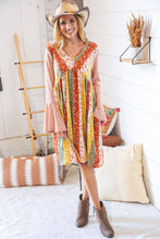 Load image into Gallery viewer, Multi-Floral Stripe Bell Sleeve Knit Two-Tone Dress
