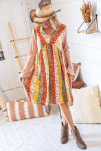 Load image into Gallery viewer, Multi-Floral Stripe Bell Sleeve Knit Two-Tone Dress
