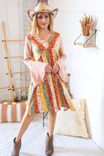 Load image into Gallery viewer, Multi-Floral Stripe Bell Sleeve Knit Two-Tone Dress
