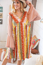 Load image into Gallery viewer, Multi-Floral Stripe Bell Sleeve Knit Two-Tone Dress
