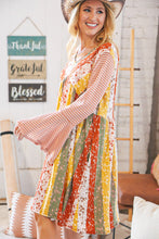 Load image into Gallery viewer, Multi-Floral Stripe Bell Sleeve Knit Two-Tone Dress
