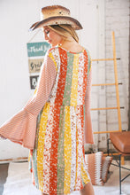 Load image into Gallery viewer, Multi-Floral Stripe Bell Sleeve Knit Two-Tone Dress
