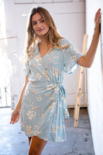 Load image into Gallery viewer, Sky Blue Floral Rayon Slub Surplice Waist Tie Dress
