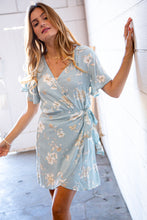 Load image into Gallery viewer, Sky Blue Floral Rayon Slub Surplice Waist Tie Dress
