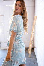 Load image into Gallery viewer, Sky Blue Floral Rayon Slub Surplice Waist Tie Dress
