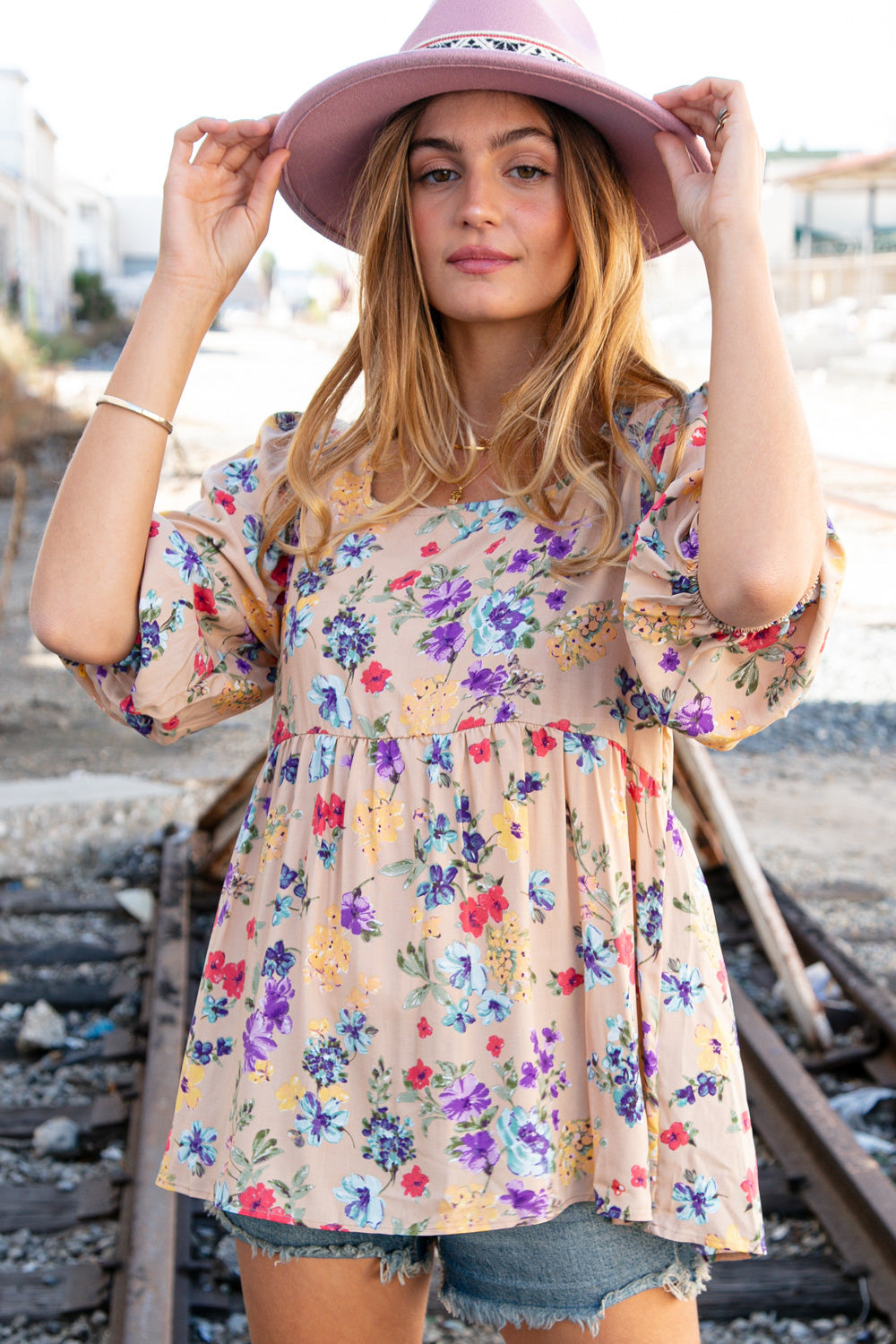 Beige Square Neck Peplum Floral Challis Woven Top