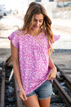 Load image into Gallery viewer, Fuchsia Floral Yoke Ruffle Short Sleeve Top
