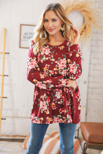 Load image into Gallery viewer, Red Wine Floral Print Baby Doll Knit Top
